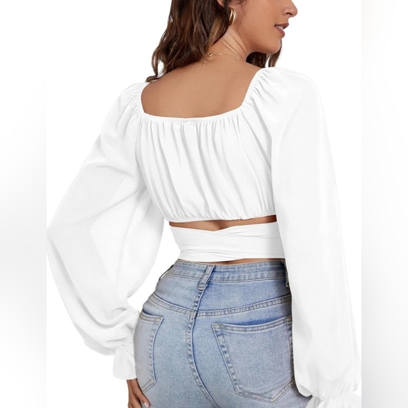 New White Wrap Tie Front Crop Top Blouse - Picture 2 of 5